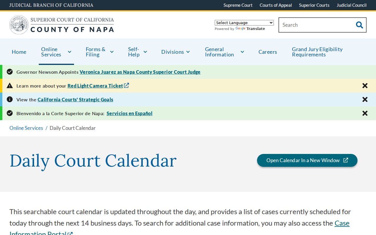 Napa County criminal court daily calendar