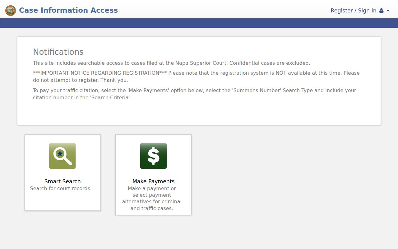 Napa County criminal court case information access portal