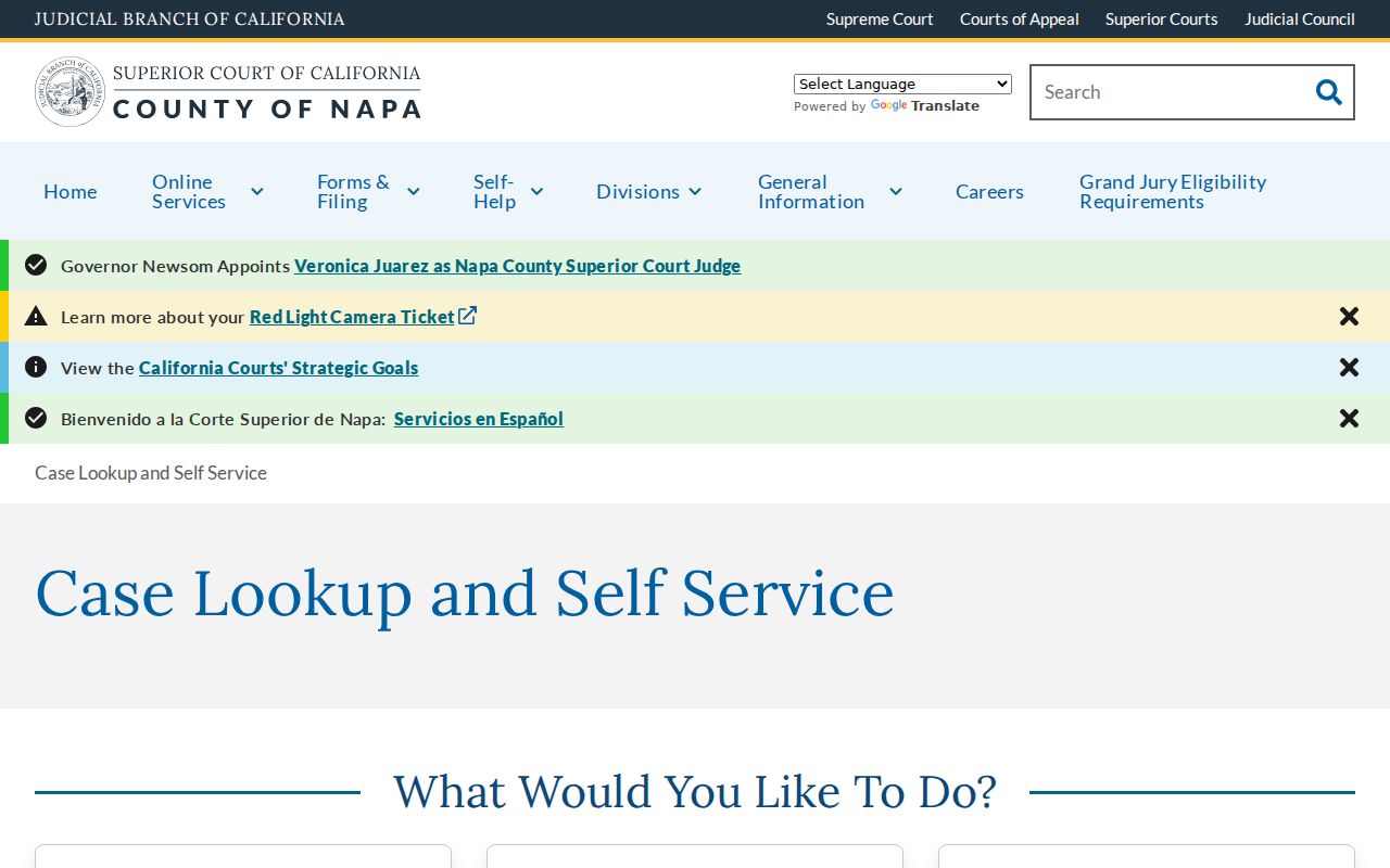 Napa County criminal records case lookup and self service