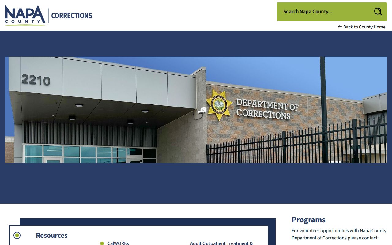 Napa County criminal history corrections and jail custody page