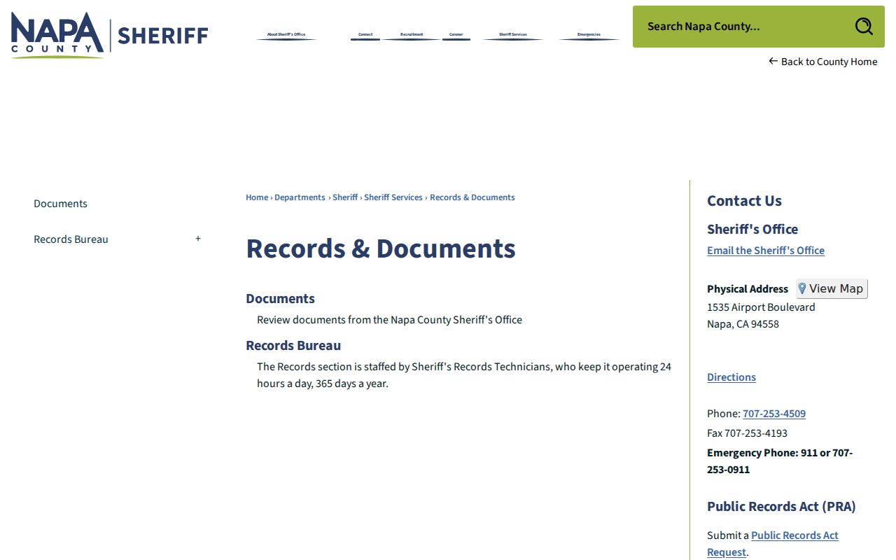 Napa County criminal records and Sheriff document request channels