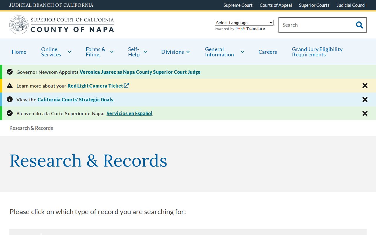 Napa County criminal records court research and copy instructions