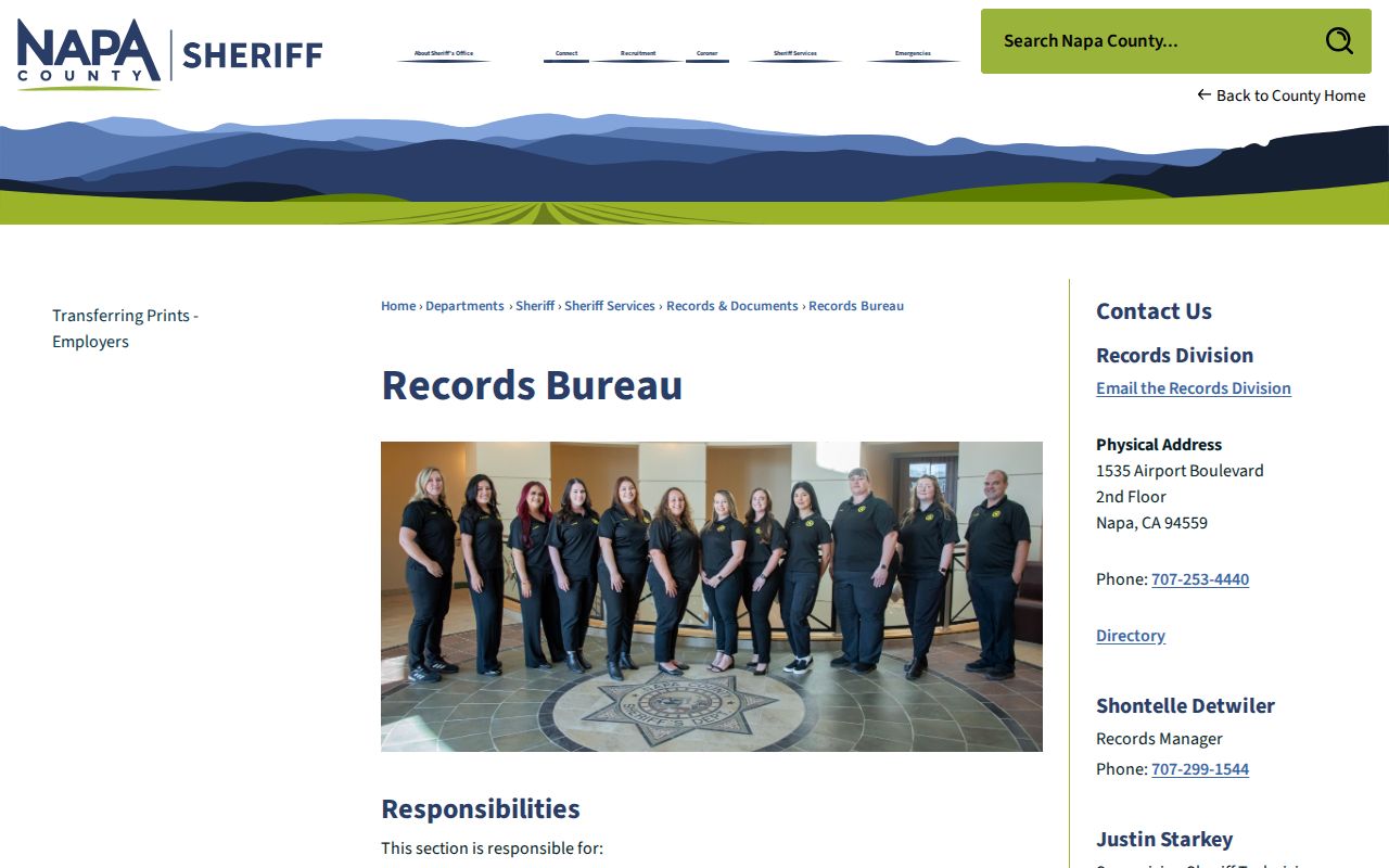 Napa County criminal history Sheriff Records Bureau page