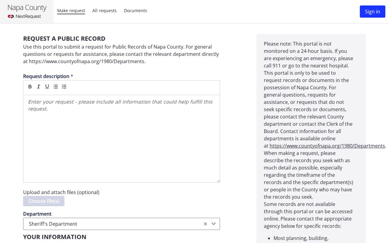 Napa County criminal records Public Records Act request portal