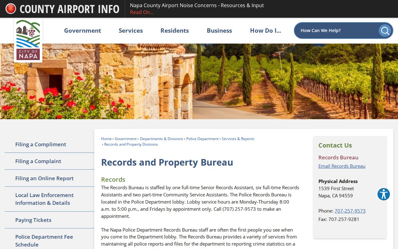 Napa criminal records Police Records and Property Bureau