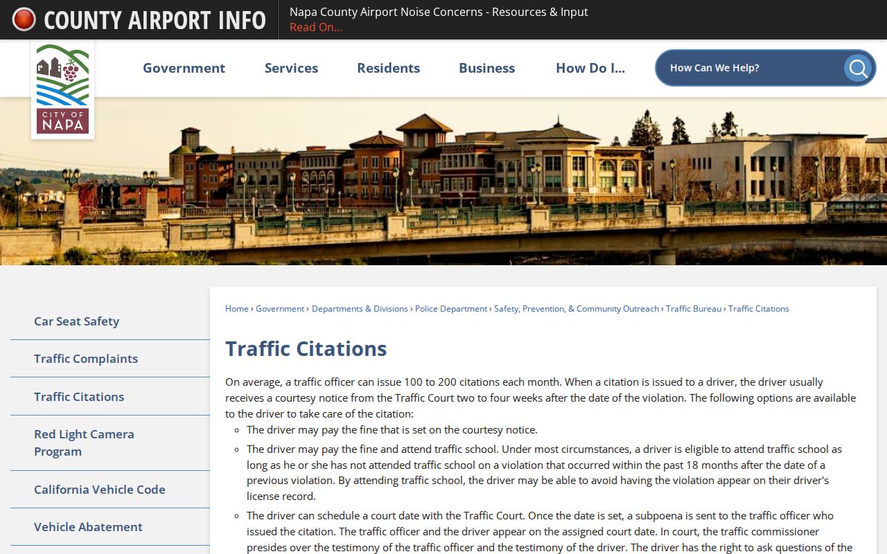 Napa criminal records traffic citation court routing