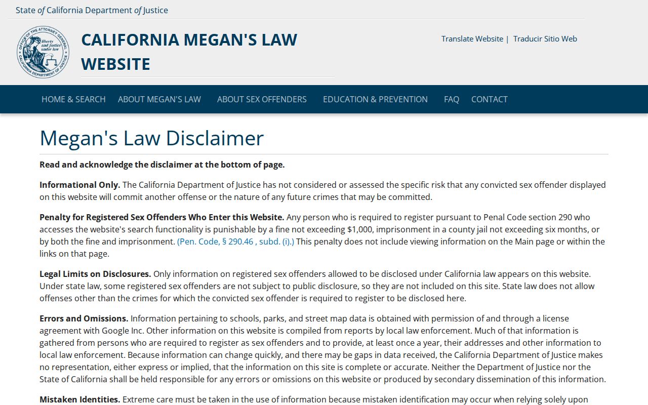 Napa County sex offender search on California Megan's Law website
