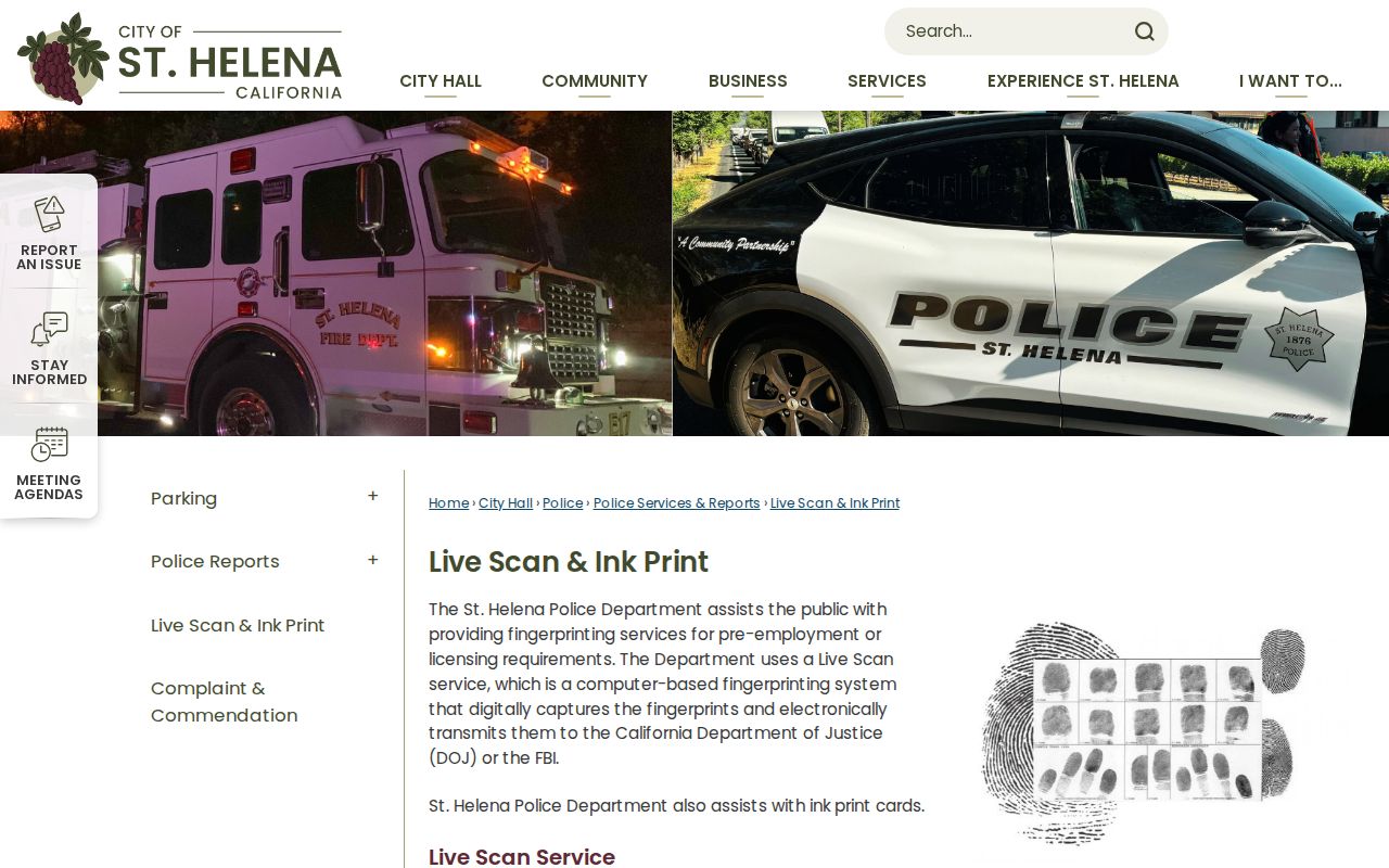 St. Helena criminal records Live Scan and ink fingerprint service
