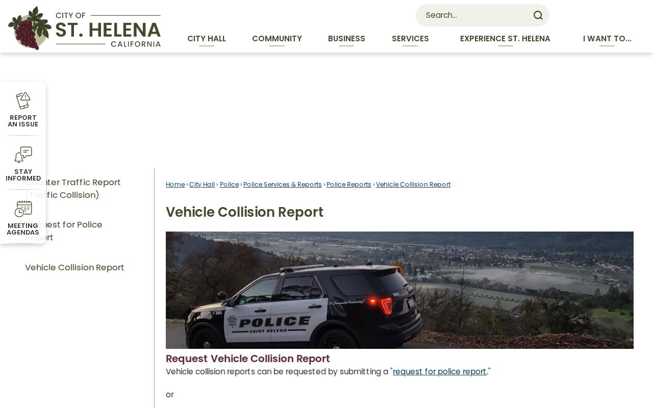 St. Helena criminal records vehicle collision report search